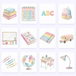 Op de afbeelding: Waterverfillustraties van schoolbenodigdheden, waaronder boeken, een kalender, ABC-letters, een rugzak, een whiteboard, een wetenschapsboek, een notitieboek, een schoolbus, paperclips, een wereldbol, een bureau en een lamp.
