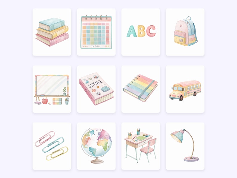 Op de afbeelding: Waterverfillustraties van schoolbenodigdheden, waaronder boeken, een kalender, ABC-letters, een rugzak, een whiteboard, een wetenschapsboek, een notitieboek, een schoolbus, paperclips, een wereldbol, een bureau en een lamp.