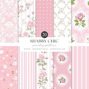 Op de afbeelding: Een verzameling van 20 Shabby Chic naadloze patronen in roze en wit. Ontwerpen omvatten bloemen-, stippen-, streep- en damastpatronen. De afbeelding bevat de tekst "Shabby Chic seamless pattern" en "Commercial Use".