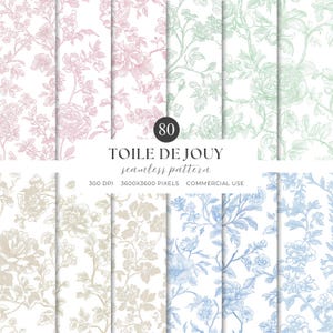 Puede incluir: Una colección de ocho patrones Toile de Jouy sin costuras en varios colores pastel, incluyendo rosa, verde, beige y azul, con diseños florales y botánicos. La imagen incluye el texto "TOILE DE JOUY seamless pattern".
