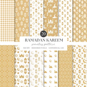 May include: A collection of 20 seamless patterns in gold and white, featuring various Islamic motifs such as lanterns, moons, stars, and mosque silhouettes. The patterns include gingham, geometric shapes, and detailed illustrations. Text reads "RAMADAN KAREEM seamless pattern."