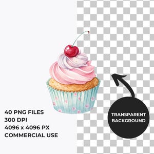 Może przedstawiać: Aquarela przedstawiająca r&oacute;żowo-biały cupcake z czerwoną wiśnią na wierzchu. Cupcake znajduje się w jasnoniebieskim i białym wzorzystym papierowym wkładzie.