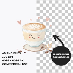 May include: A watercolor illustration of a smiling coffee cup with a latte art design. The cup is on a brown coaster with coffee beans scattered around it. There are pink hearts floating around the cup.