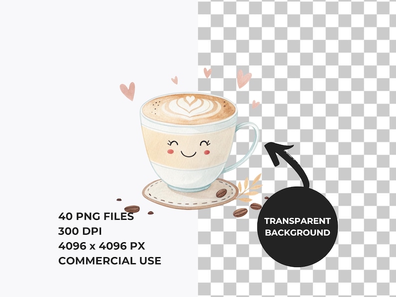 May include: A watercolor illustration of a smiling coffee cup with a latte art design. The cup is on a brown coaster with coffee beans scattered around it. There are pink hearts floating around the cup.
