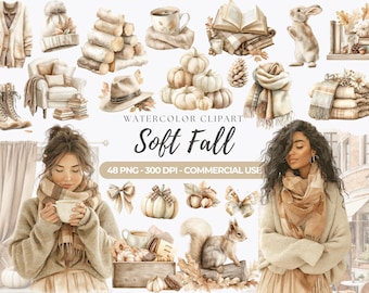 Watercolor Autumn Clipart, Cozy Neutral Fall PNG, Cottagecore (Commercial Use)