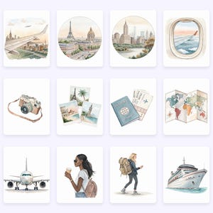 Puede incluir: Ilustraciones en acuarela con tem&aacute;tica de viajes. Incluye un ala de avi&oacute;n sobre una ciudad, la Torre Eiffel, el horizonte de Nueva York, una vista desde la ventana de un avi&oacute;n, una c&aacute;mara vintage, postales, un pasaporte, un mapa del mundo, un avi&oacute;n, una mujer con una taza de caf&eacute;, una mujer con una mochila y un crucero.