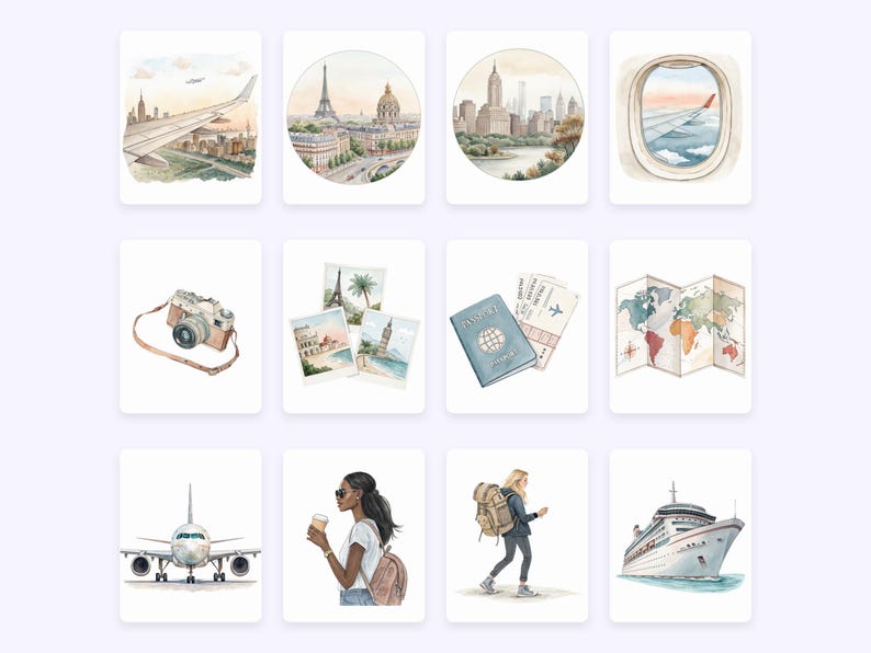 Puede incluir: Ilustraciones en acuarela con tem&aacute;tica de viajes. Incluye un ala de avi&oacute;n sobre una ciudad, la Torre Eiffel, el horizonte de Nueva York, una vista desde la ventana de un avi&oacute;n, una c&aacute;mara vintage, postales, un pasaporte, un mapa del mundo, un avi&oacute;n, una mujer con una taza de caf&eacute;, una mujer con una mochila y un crucero.