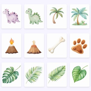 May include: A set of 10 watercolor illustrations featuring a variety of jungle and dinosaur themed images. The illustrations include a purple dinosaur, a green dinosaur, two palm trees, two volcanoes, a bone, a paw print, a monstera leaf, and two palm fronds.
