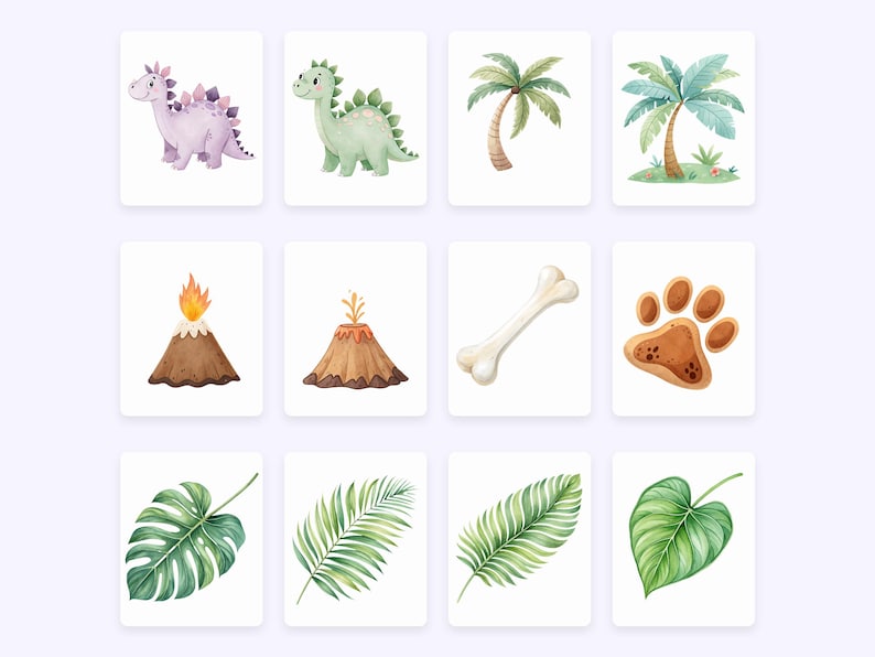 May include: A set of 10 watercolor illustrations featuring a variety of jungle and dinosaur themed images. The illustrations include a purple dinosaur, a green dinosaur, two palm trees, two volcanoes, a bone, a paw print, a monstera leaf, and two palm fronds.