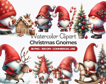 Gnomos navideños en acuarela, imágenes prediseñadas navideñas (uso comercial)
