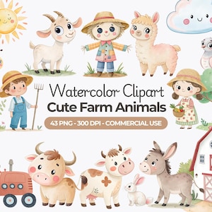Aquarel schattige boerderijdieren clipart, kinderboerderij dieren png, boerderij babydieren, koe, schapen, paard, ezel, commercieel gebruik