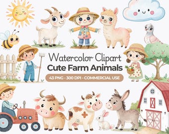 Watercolor Cute Farm Animals Clipart, Nursery Farm Animals PNG, Farm Baby Animals, Cow, Sheep, Horse, Donkey, Commercial Use