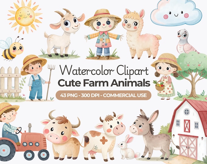 Watercolor Cute Farm Clipart, Farm Animals Nursery Sublimation, Farm ...