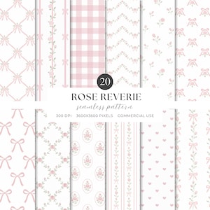 Puede incluir: Una colección de 20 patrones digitales sin costuras titulada Rose Reverie, con diseños en rosa claro y blanco con motivos de rosas, lazos, cuadros vichy, rayas y corazones. El texto incluye 20 ROSE REVERIE seamless pattern 300 DPI 3600X3600 PIXELS COMMERCIAL USE.