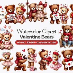 Clipart di orsacchiotti di San Valentino ad acquerello, PNG di orsacchiotti di coppia, Clipart di San Valentino, Orsetti dell'amore, Decorazioni di San Valentino, Uso commerciale