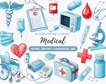 Ilustrações médicas em aquarela, médico e enfermeira em PNG, gráficos da área da saúde, imagens hospitalares (download digital)
