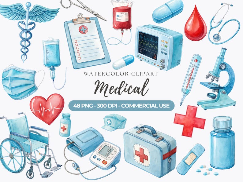 Aquarel medische clipart, arts en verpleegkundige PNG, gezondheidszorg graphics, ziekenhuis illustraties (digitale download) afbeelding 1