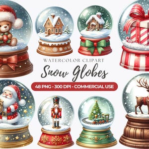 Watercolor Christmas Snow Globes Clipart Bundle (PNG)