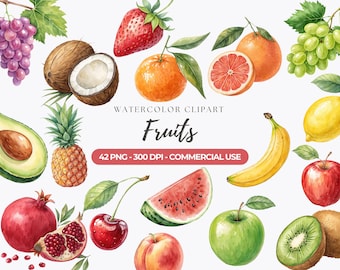 Watercolor Fruits Clipart, Fruit PNG Bundle, Fruit Sublimation, Apple, Banana, Strawberry, Watermelon, Commercial Use