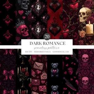 May include: A collection of 20 seamless patterns with a dark romance theme. The patterns feature skulls, hearts, roses, and other gothic elements in shades of black, red, and burgundy. The text "DARK ROMANCE seamless pattern" is also visible.
