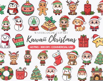 Kawaii Christmas Clipart, Słodkie Boże Narodzenie PNG, Święty Mikołaj, Bałwan, Renifer