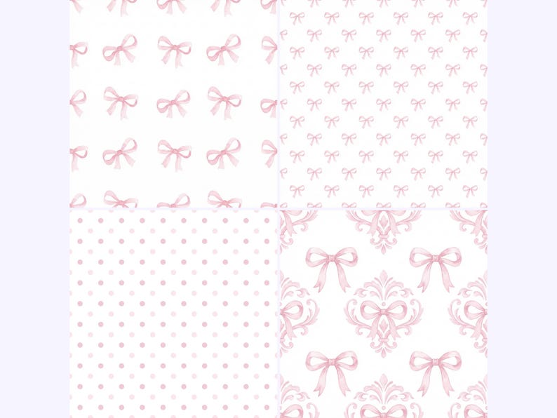 Coquette Seamless Patterns, Pink Watercolor Bows, Rose Floral Digital Paper, Preppy Pattern (JPG, PNG) image 6