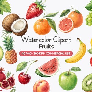 Clipart z akwarelowymi owocami, pakiet PNG z owocami, sublimacja owoców, jabłko, banan, truskawka, arbuz, zastosowanie komercyjne