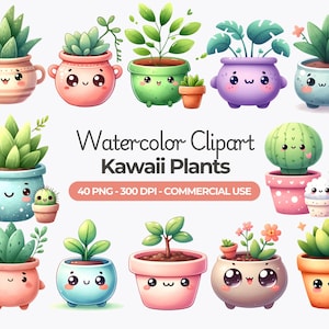 Aquarell Kawaii Topfpflanzen Clipart, süße Zimmerpflanzen, süße Blumen Png, Kawaii Sukkulenten, Kaktus Clipart, kommerzielle Nutzung