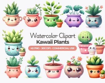 May include: A set of 40 watercolor clipart images of kawaii plants in pots. The plants are drawn in a cute cartoon style with smiling faces and big eyes. The plants include succulents, cacti, ferns, and other common houseplants. The images are perfect for use in digital scrapbooking, card making, and other craft projects.