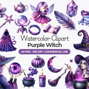 Aquarelle sorcière violette Clipart, clipart magique, sorcière magique Png, art sorciere, journal indésirable, scrapbooking, créations créatives en papier, usage commercial