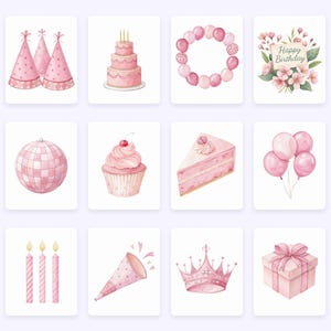 May include: A collection of watercolour illustrations featuring birthday-themed items in pink hues. The images include party hats, a layered cake, a balloon wreath, a floral card with "Happy Birthday" text, a disco ball, a cupcake, a cake slice, balloons, candles, a party horn, a crown, and a gift box.