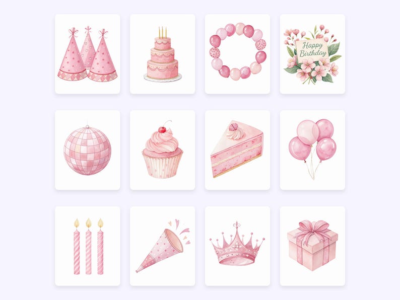 May include: A collection of watercolour illustrations featuring birthday-themed items in pink hues. The images include party hats, a layered cake, a balloon wreath, a floral card with "Happy Birthday" text, a disco ball, a cupcake, a cake slice, balloons, candles, a party horn, a crown, and a gift box.