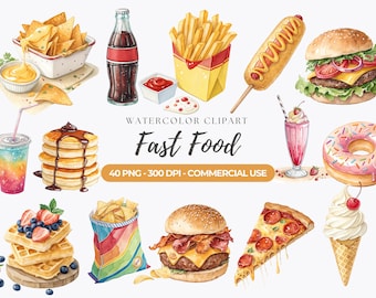 Watercolor Fast Food Clipart, 40 Junk Food PNG Graphics, Commercial Use