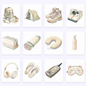 Puede incluir: Ilustraci&oacute;n en acuarela de art&iacute;culos de viaje y camping. Incluye una mochila, una tienda de campa&ntilde;a, botas de monta&ntilde;a, una c&aacute;mara, un neceser, un saco de dormir, una almohada de viaje, una loci&oacute;n, unos auriculares, unas chanclas, un dispositivo GPS y un antifaz.