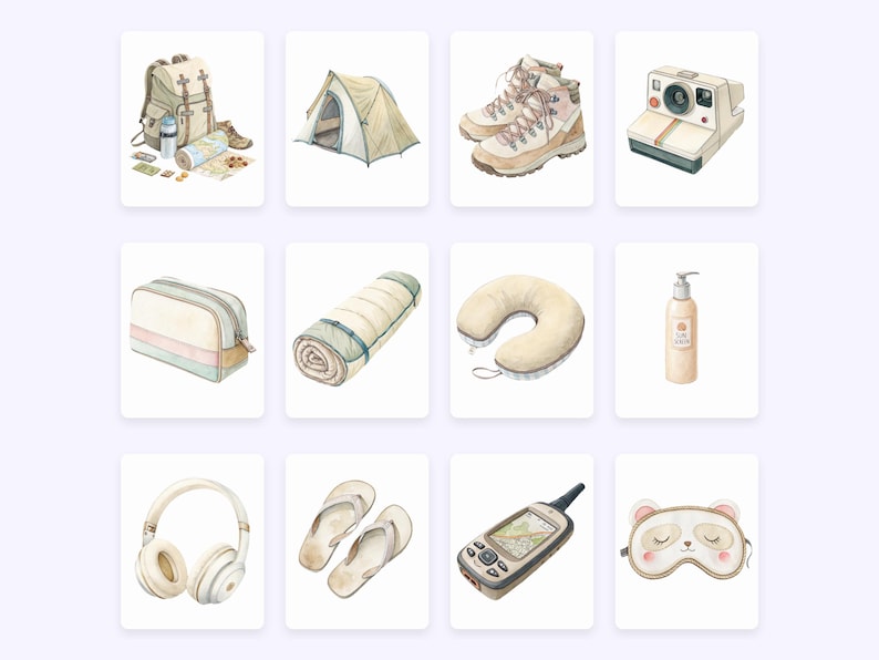 Puede incluir: Ilustraci&oacute;n en acuarela de art&iacute;culos de viaje y camping. Incluye una mochila, una tienda de campa&ntilde;a, botas de monta&ntilde;a, una c&aacute;mara, un neceser, un saco de dormir, una almohada de viaje, una loci&oacute;n, unos auriculares, unas chanclas, un dispositivo GPS y un antifaz.