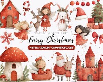 Watercolor Christmas Fairy Clipart, Winter Fairies PNG, Holiday Graphics (Digital Download)