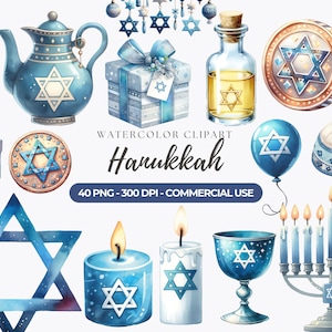 Watercolor Hanukkah Clipart, Menorah, Hanukkah Clipart, Yamaka, Torah, Star of David, Sufganiyah, Commercial Use