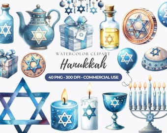 Watercolor Hanukkah Clipart, Menorah, Star of David (Commercial Use)