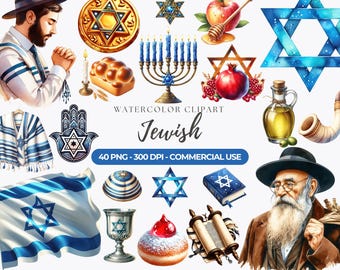 Watercolor Jewish Clipart, Hanukkah, Star of David, Menorah, Torah, Happy Hanukkah PNG, Commercial Use