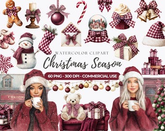 Watercolor Burgundy Christmas Clipart, Watercolor Holiday Graphics (PNG, Digital Download)