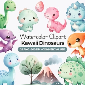 Clipart di dinosauri kawaii, bundle di PNG di dinosauri carini, stegosauro, brachiosauro, pterosauro, spinosauro, uso commerciale