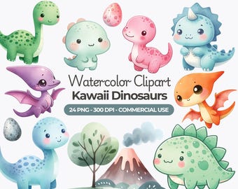 Kawaii Dinosaurs Clipart Bundle, PNG Graphics (Commercial Use