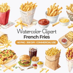 Aquarel frites clipart, fastfood png, junkfood, food clipart, hamburgers en friet, frites sublimatie, commercieel gebruik