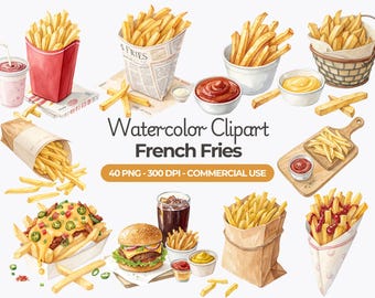 Watercolor French Fries Clipart, Fast Food PNG (Commercial Use)