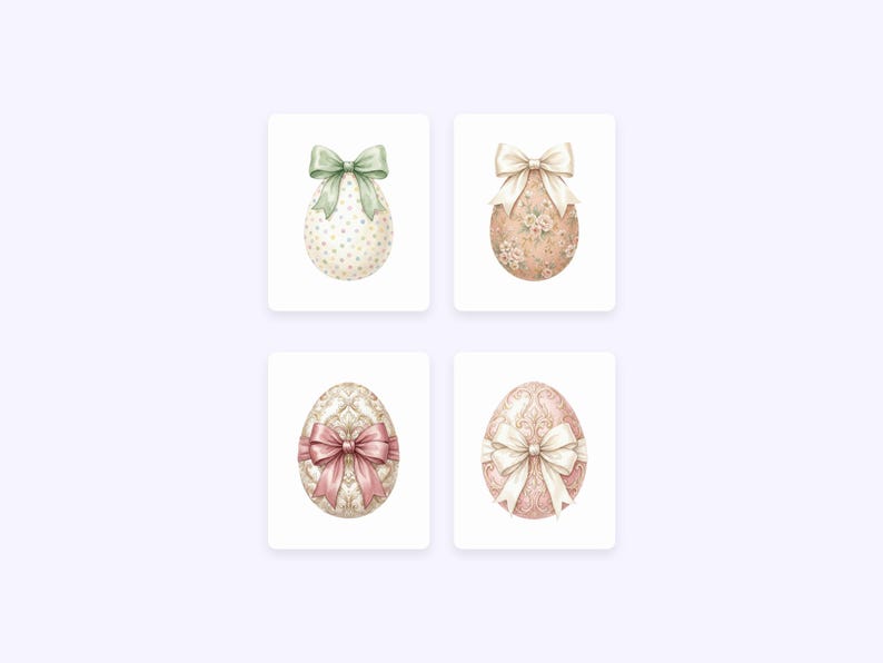 May include: Four watercolor illustrations of Easter eggs. Each egg is decorated with a bow and intricate patterns. The eggs feature pastel colors, including green, pink, and cream, and are set against a white background.