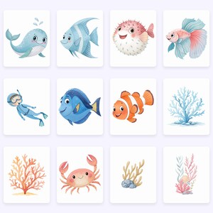 May include: A set of 10 digital illustrations featuring various sea creatures and coral. The illustrations include a blue whale, a blue angelfish, a pufferfish, a betta fish, a blue tang, a clownfish, a blue coral, a red coral, a crab, and a brown coral.