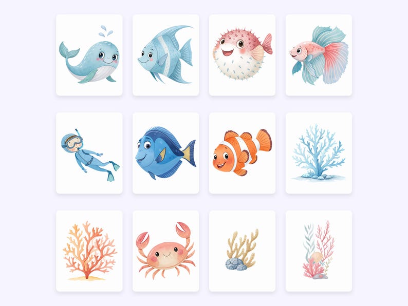 May include: A set of 10 digital illustrations featuring various sea creatures and coral. The illustrations include a blue whale, a blue angelfish, a pufferfish, a betta fish, a blue tang, a clownfish, a blue coral, a red coral, a crab, and a brown coral.
