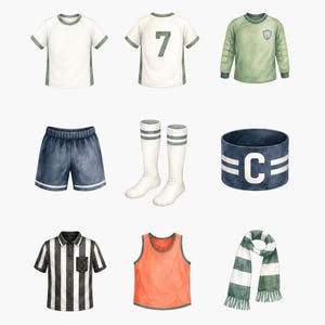 May include: A collection of sports apparel including white jerseys with green trim, one featuring the number 7, a long-sleeve green shirt, dark blue shorts, white socks with green stripes, a blue captain's armband with a C, a black and white striped referee shirt, an orange tank top, and a green and white striped scarf.