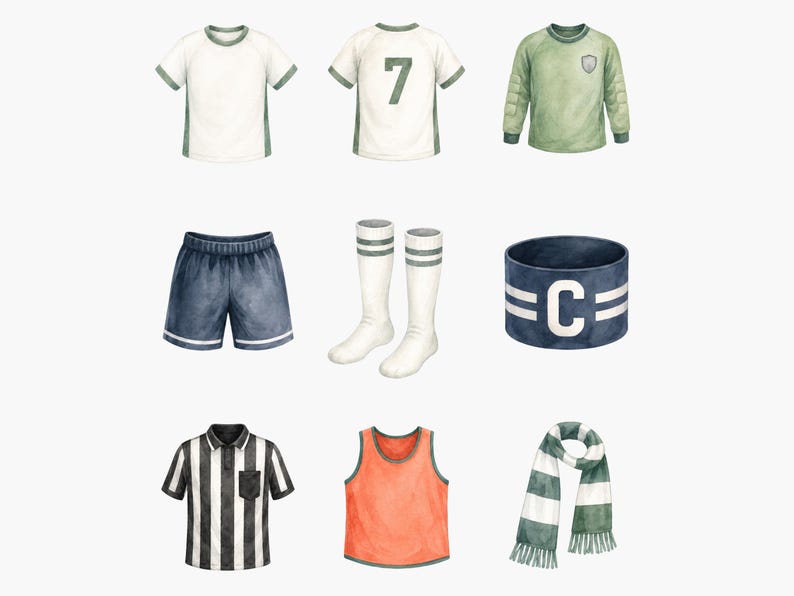 May include: A collection of sports apparel including white jerseys with green trim, one featuring the number 7, a long-sleeve green shirt, dark blue shorts, white socks with green stripes, a blue captain's armband with a C, a black and white striped referee shirt, an orange tank top, and a green and white striped scarf.