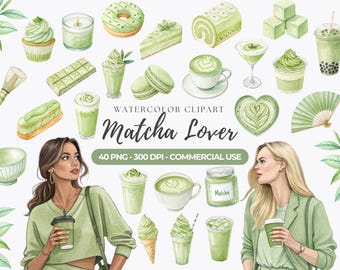 Imágenes prediseñadas de matcha en acuarela, postres de té, arte japonés (PNG, uso comercial)